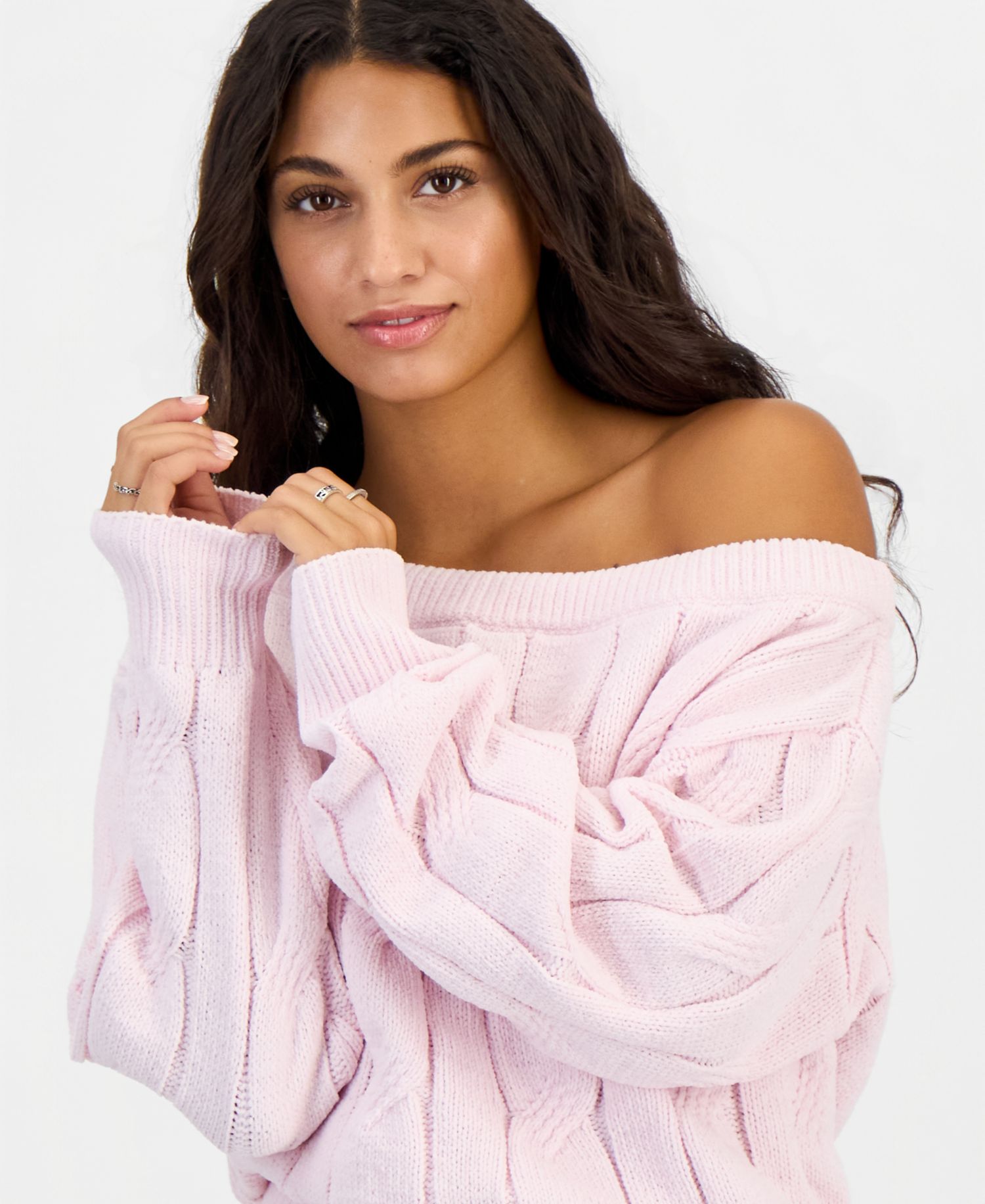 Juniors' Cable-Knit Off-the-Shoulder Slouchy Sweater