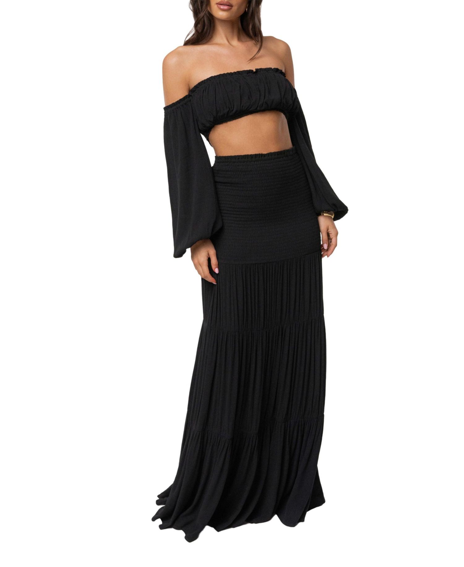 Women's Solana Off-the-Shoulder Long-Sleeve Viscose Crop Top and Maxi Skirt Set