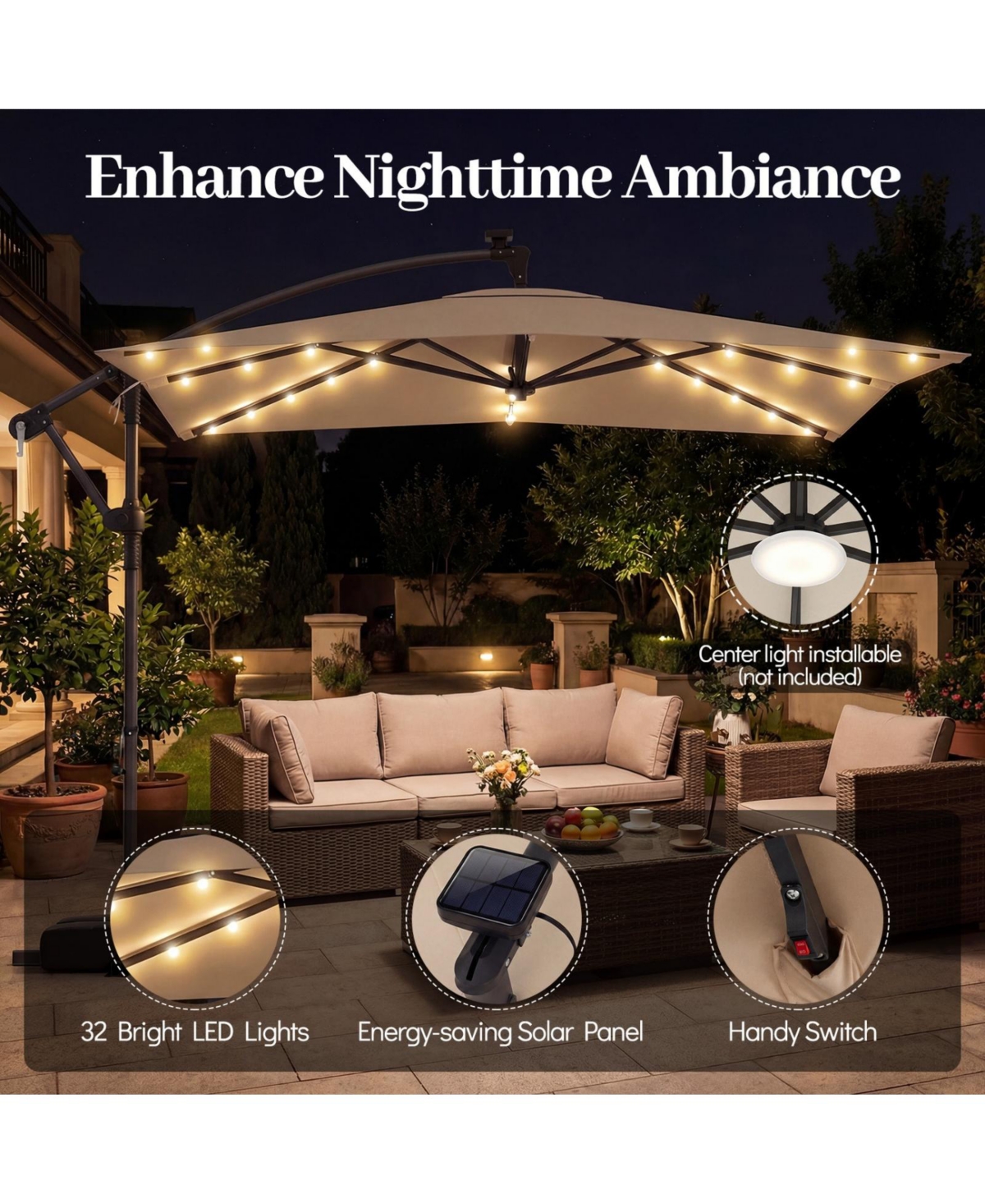 Sugift 8x8 Feet Solar Led Offset Cantilever Square Patio Umbrella with 360 Rotation
