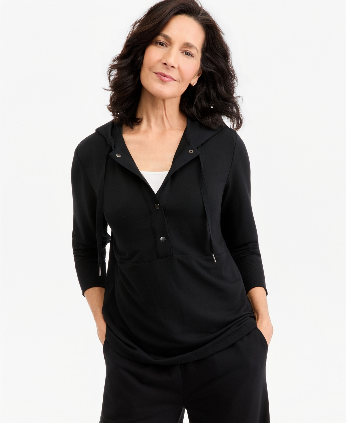 Style & Co Petite Luxlounge French Terry V-neck 3/4-sleeve Hoodie, Macy's Exclusive In Deep Black