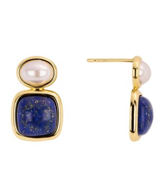 Gold-Plated Lapis Imitation Pearl Stud Drop Earrings