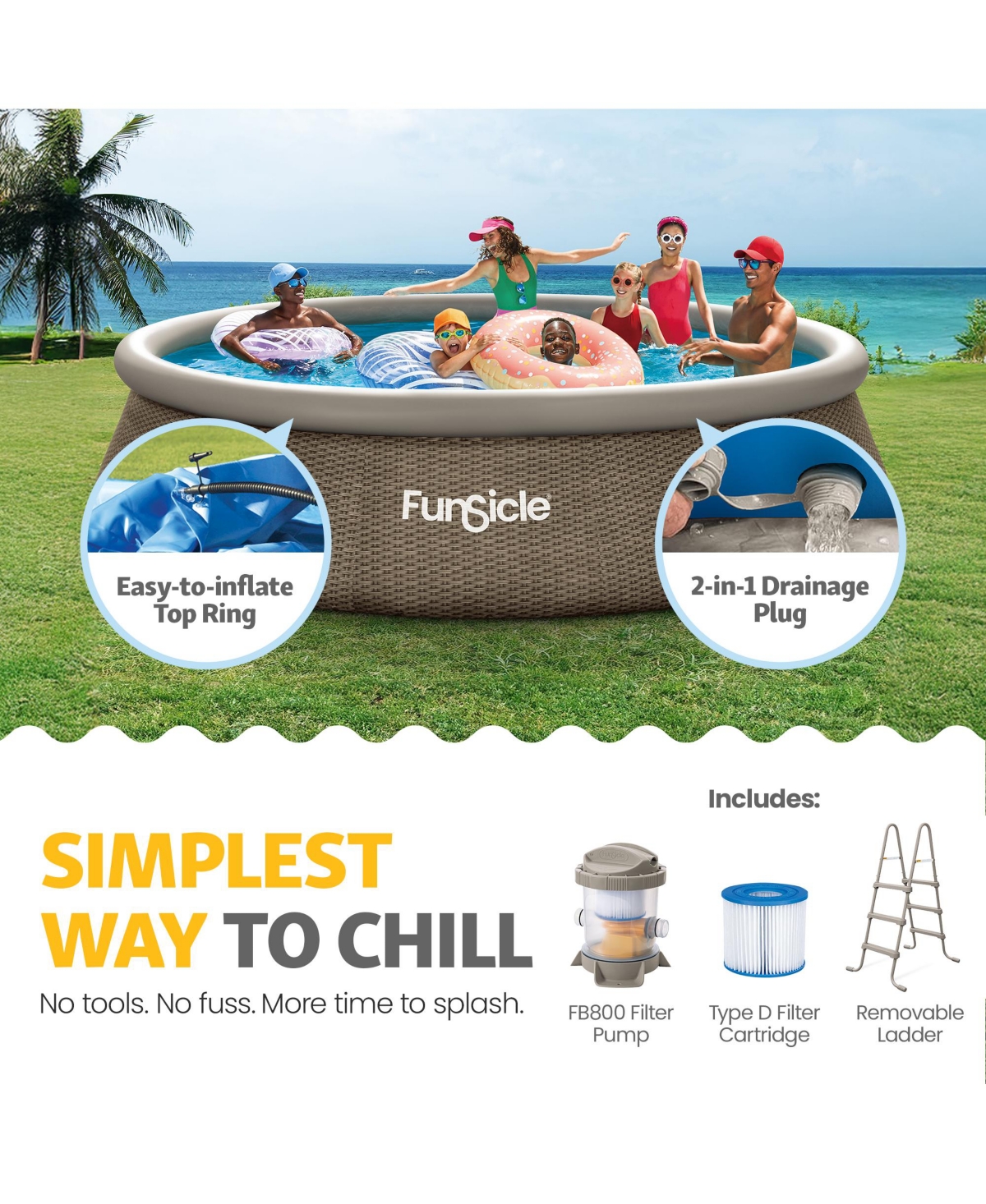 Funsicle 14' x 36" QuickSet Inflatable Ring Top Outdoor Above Ground Pool w/Pump
