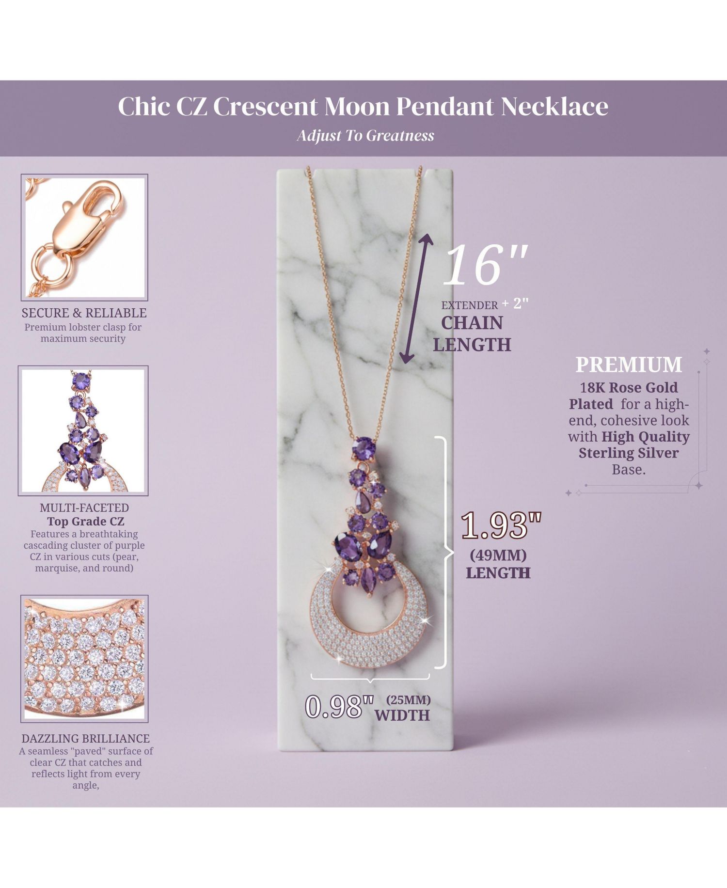 18K Rose Gold Plated Purple CZ Crescent Moon Pendant Necklace