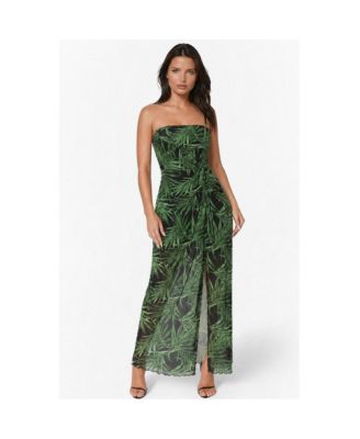 Women's Printed Mesh Twist Waist Strapless Maxi Dress