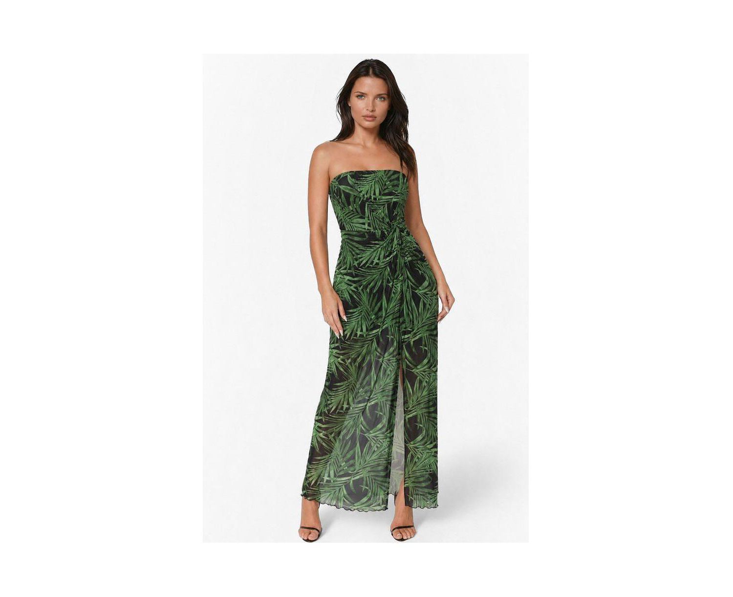 Women's Printed Mesh Twist Waist Strapless Maxi Dress