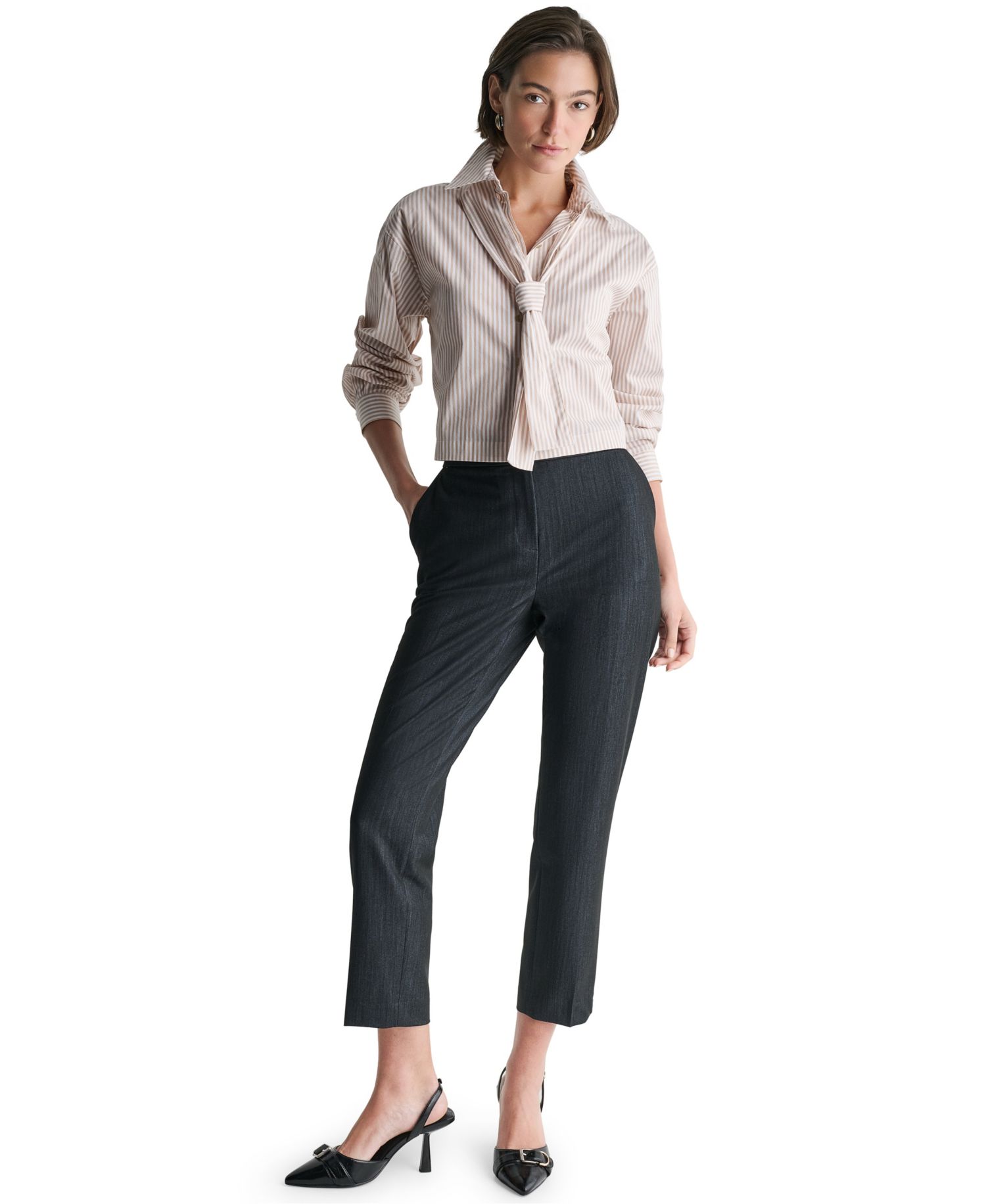 Women's Long-Sleeve Striped Tie Neck Blouse
