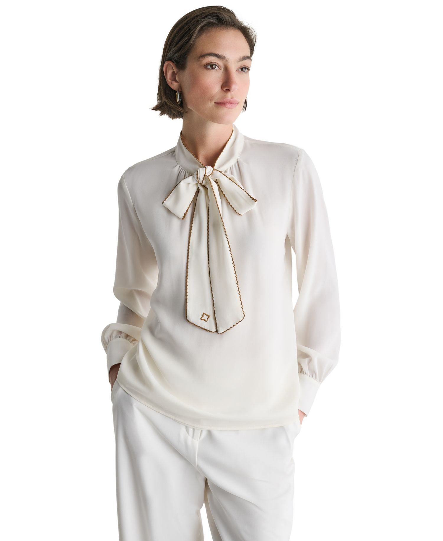 Women's Tie-Neck Embroidered Back-Keyhole Blouse