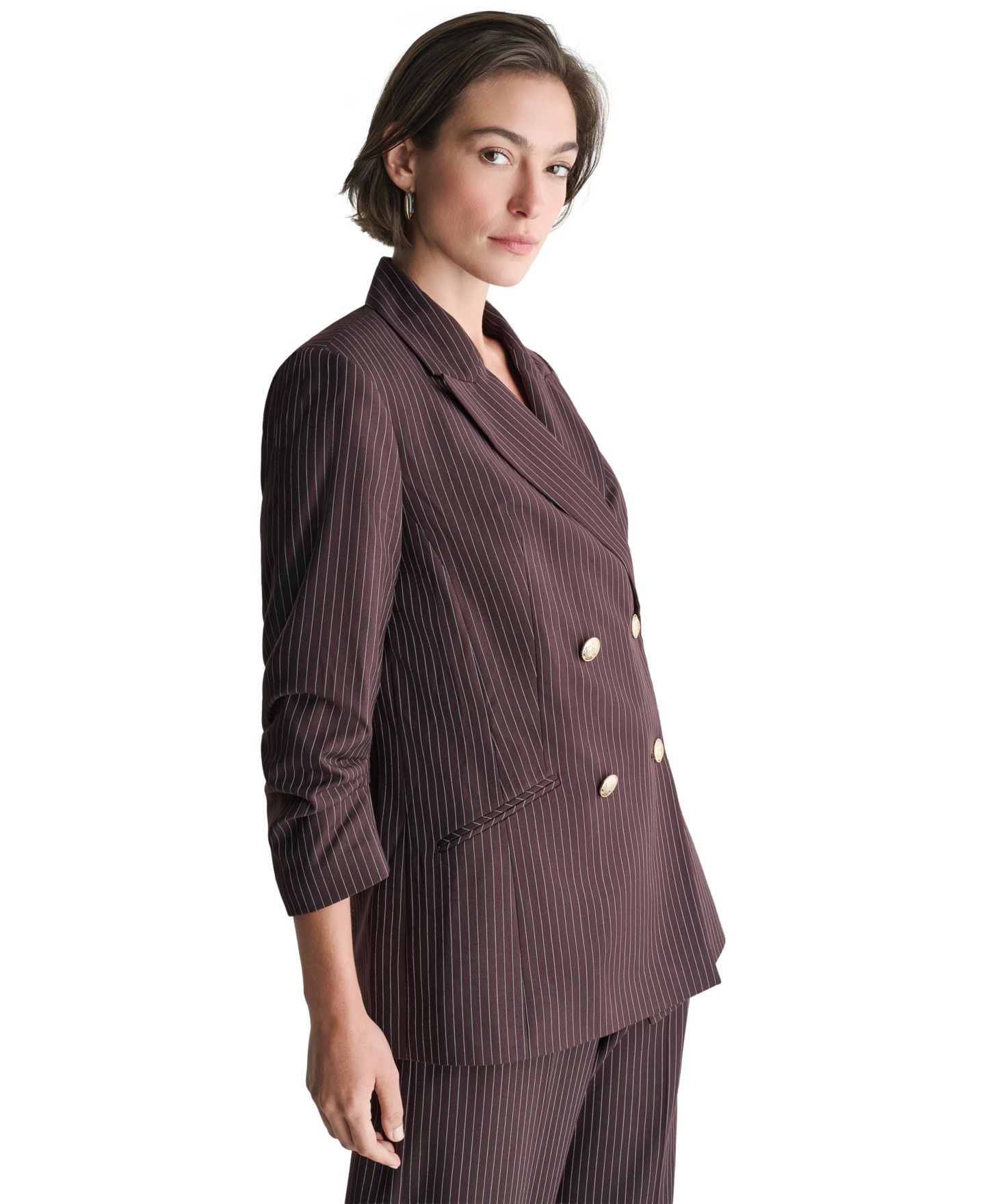 Женский пиджак BCBG Double-Breasted Pinstripe Blazer, цвет: Трюфельный чёрный — фото 3