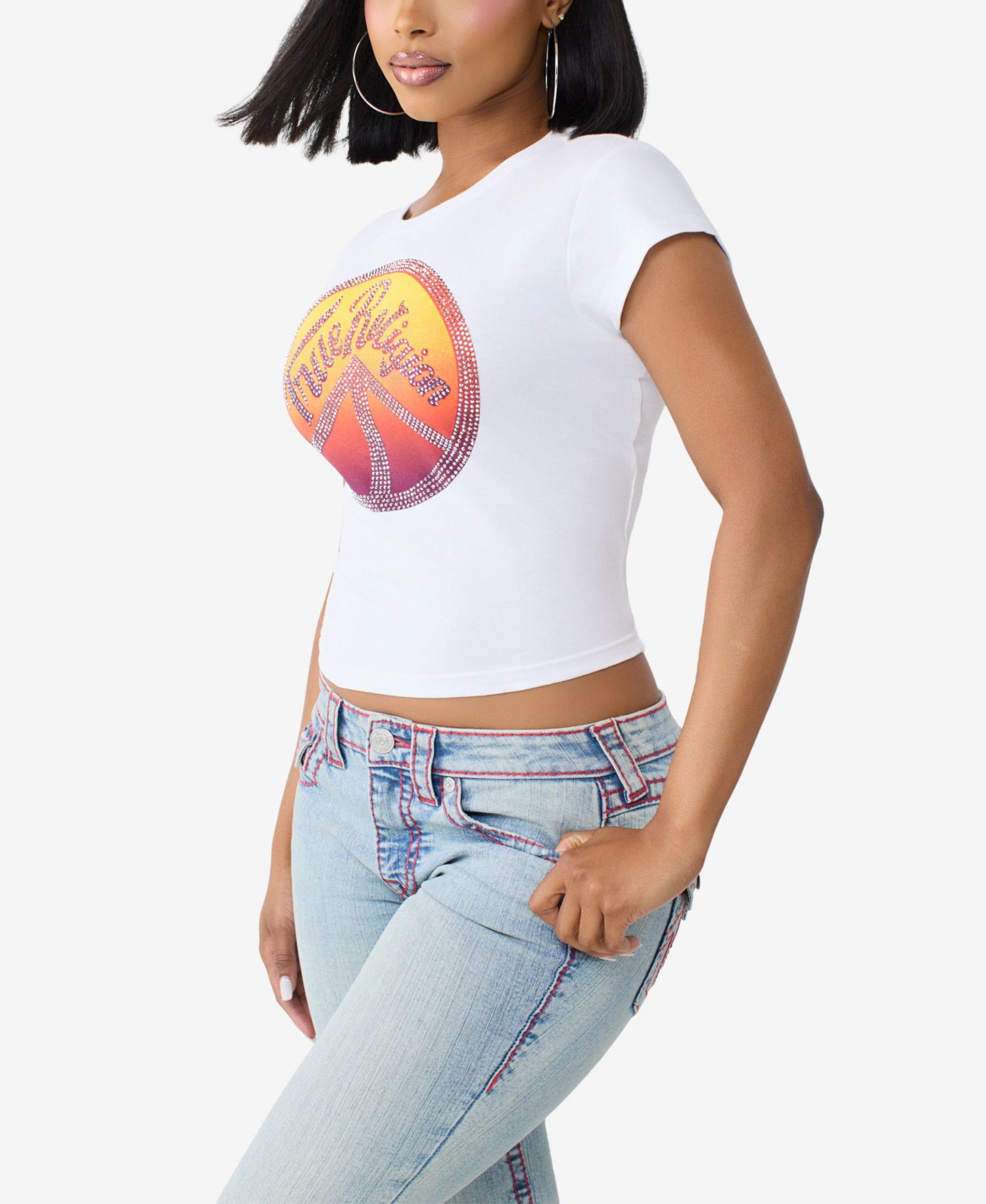 Women's Crystal Peace Sign Graphic Crop Baby T-Shirt