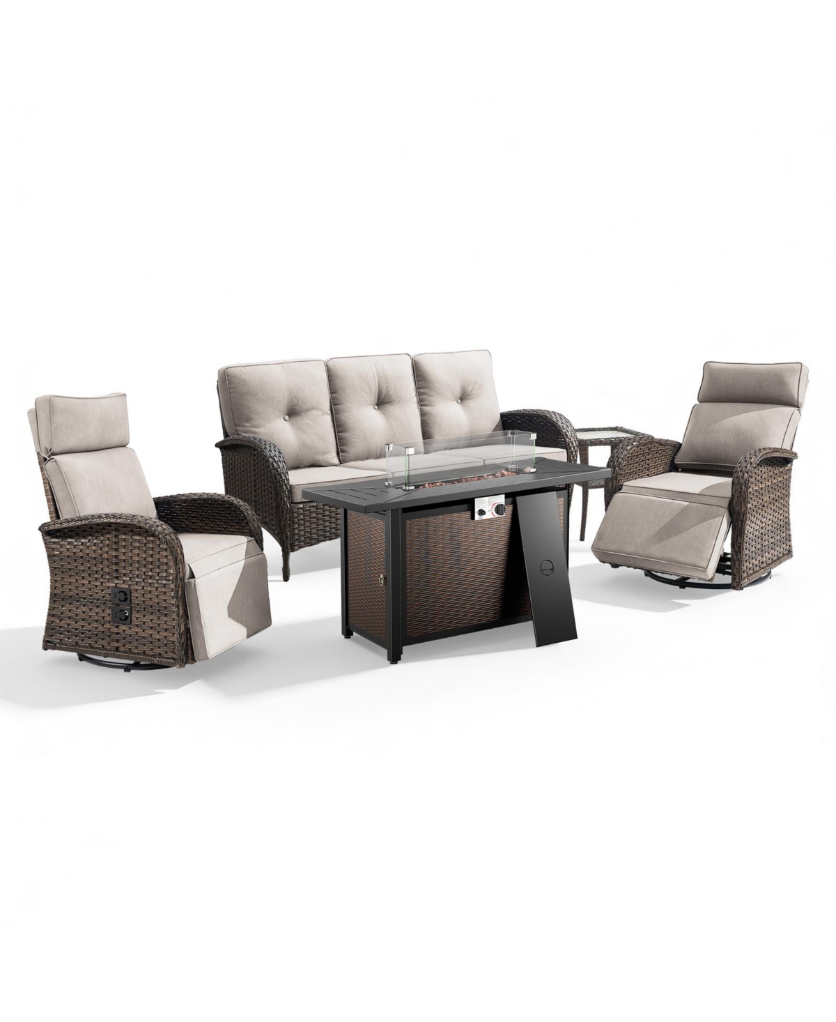 Pocassy 5-Pieces Outdoor Wicker Patio Conversation Furniture Set with Swivel Recliner Chairs and Rectangular Fire Pit Table