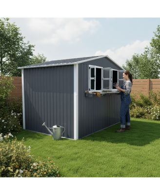 6x9 FT Outdoor Metal Storage Shed with Window Flower Rack and Lockable Doors