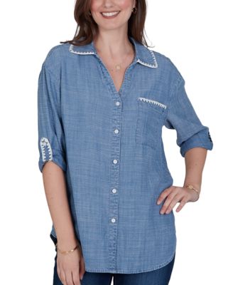 Petite 3/4-Sleeve Crochet-Trim Top with Curved Hem