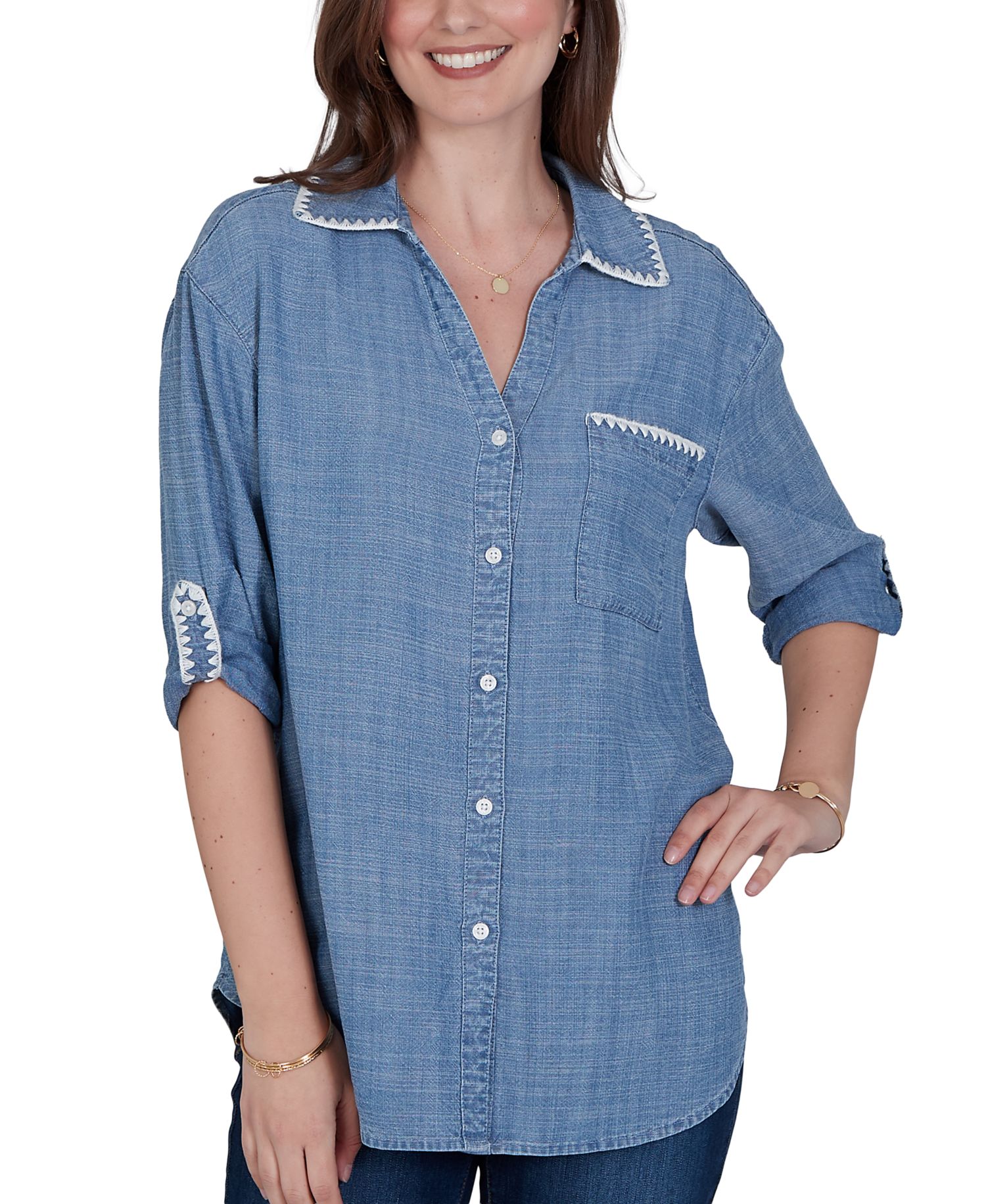 Petite 3/4-Sleeve Crochet-Trim Top with Curved Hem