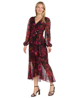Women's Floral-Print V-Neck Hi-Lo Hem Midi Dress