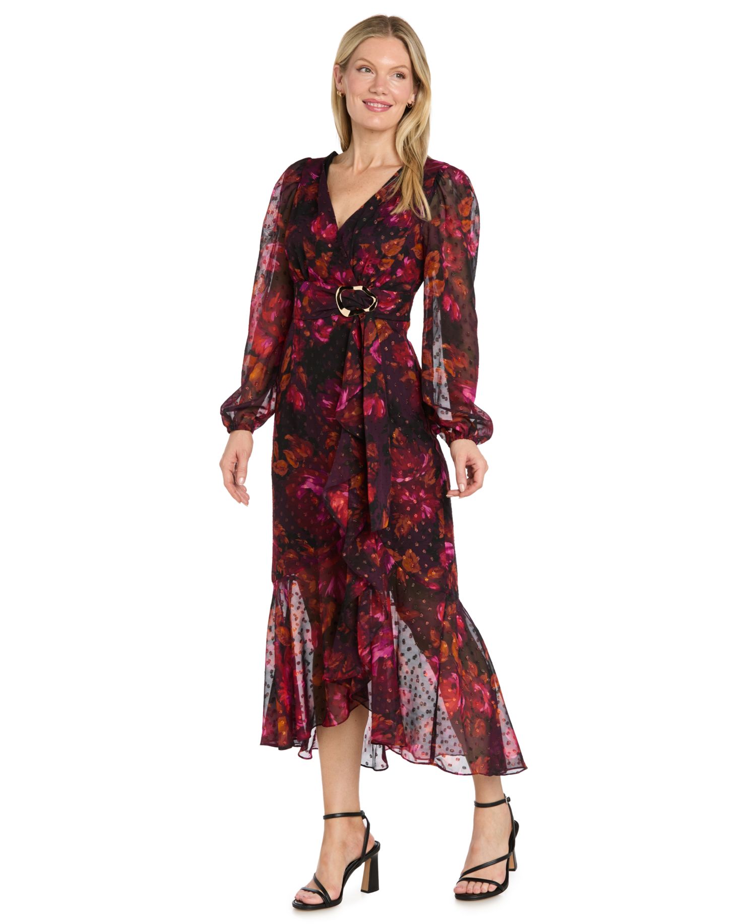 Women's Floral-Print V-Neck Hi-Lo Hem Midi Dress