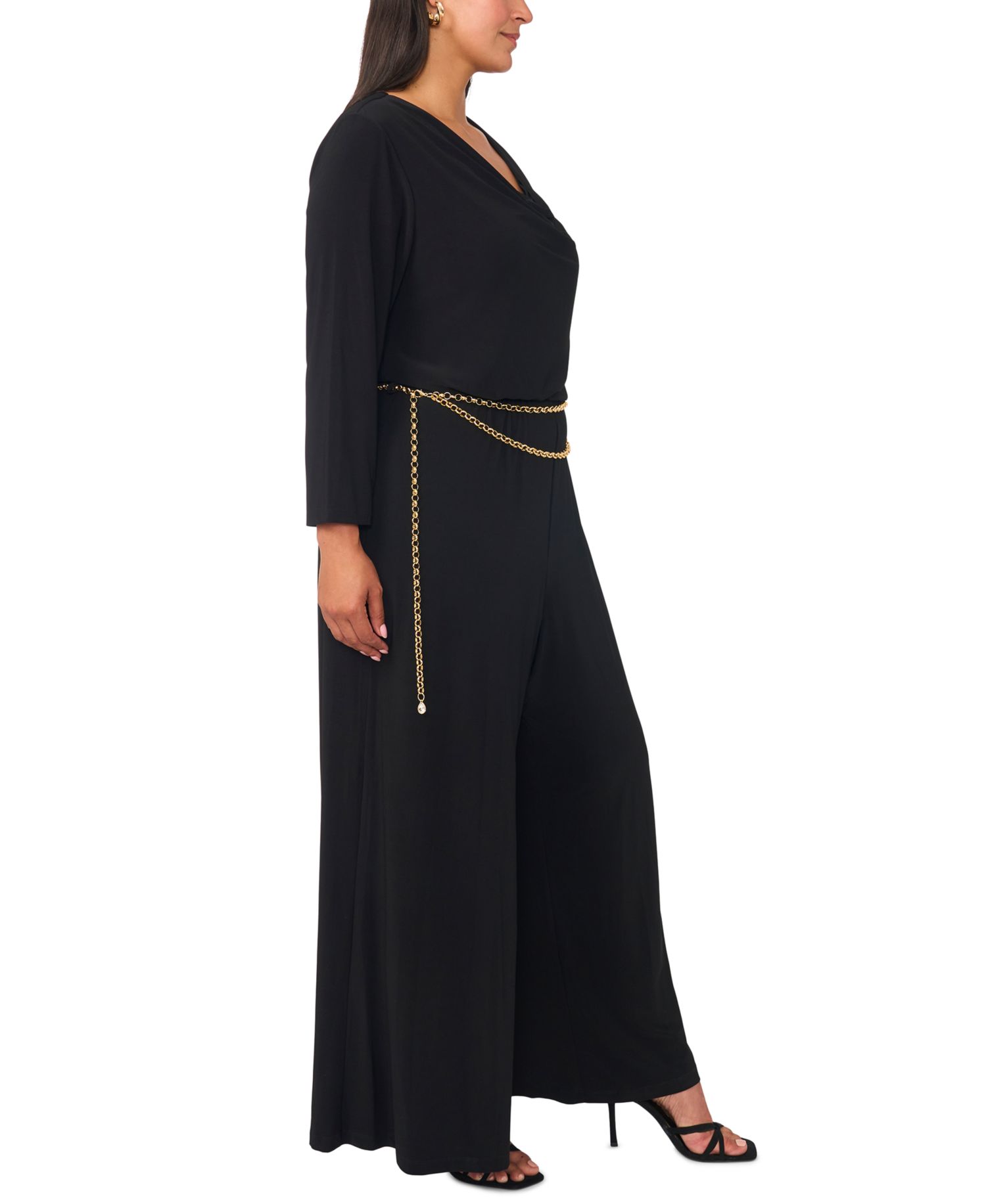 Plus Size Cowl Neck 3/4-Sleeve Wide-Leg Jumpsuit