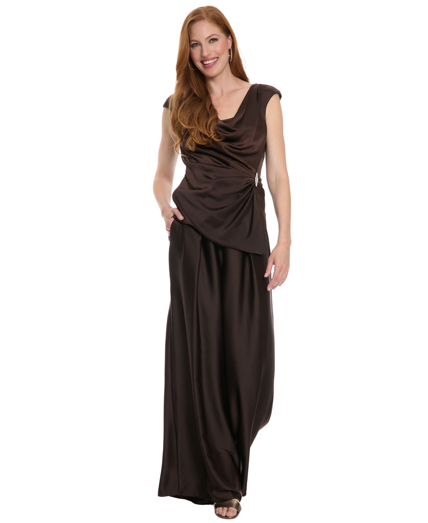 Женская блузка Muse Polished Sheen Cowl Neck Satin Short-Sleeve, цвет: Java — фото 2