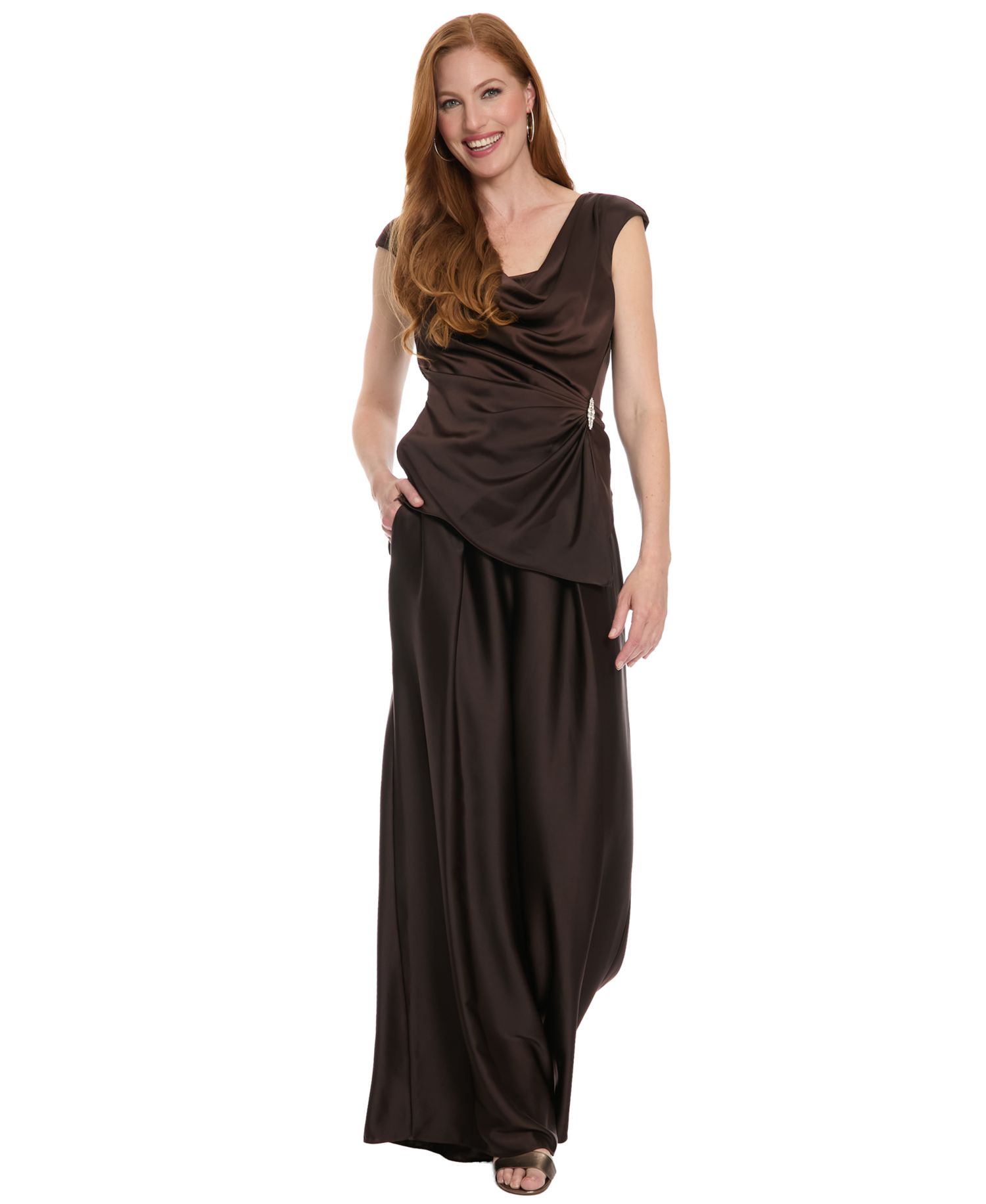 Women's Polished Sheen Cowl Neck Satin Short-Sleeve Blouse