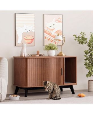 Cat Litter Box End Table - 39" Hidden Cat House Enclosure with Sliding Door, Litter Mat, Multi-Functional Wooden Pet Cabinet for Living Room