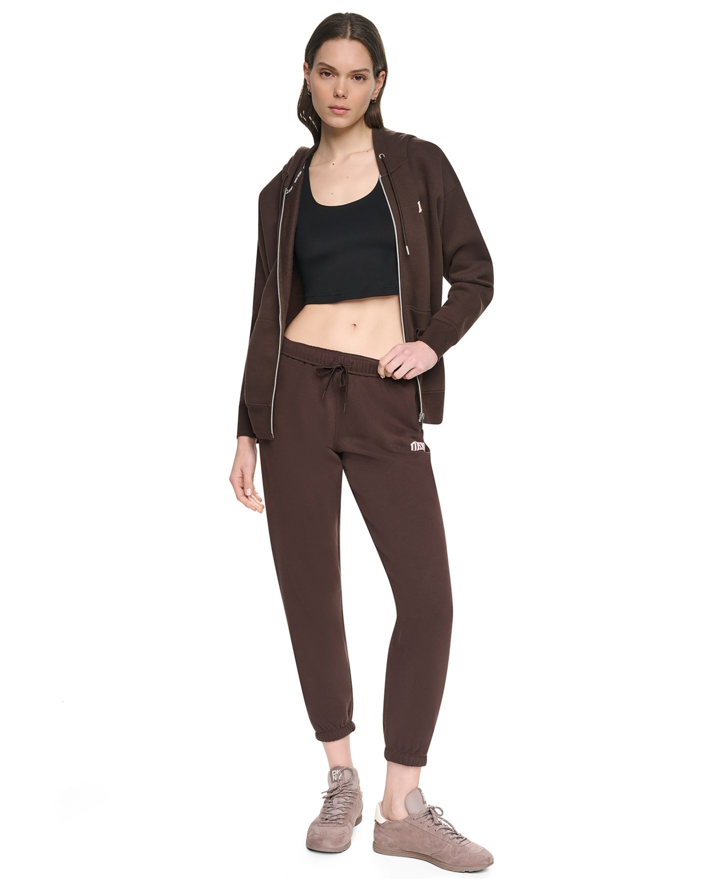 Женское худи DKNY Sport Puff Varsity Logo Full-Zip Cotton-Blend Fleece, цвет: Тёмно-коричневый / Пудровый розовый — фото 2