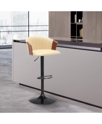 Leather Adjustable Bar Stool with Wood Arms, Modern Swivel Counter Height Chair, Metal Base Kitchen Stool