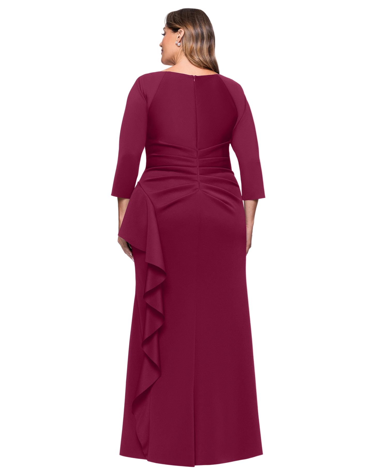 Plus V-Neck Ruffled Side-Slit Scuba Gown