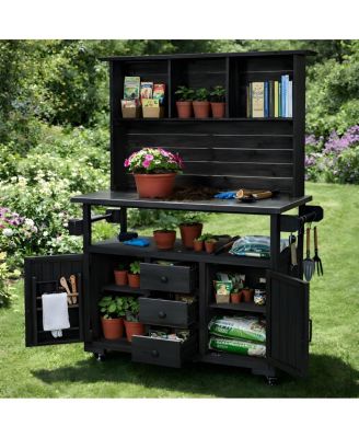  65"H Large Garden Potting Bench With Stainless Steel Top And Lockable Wheels