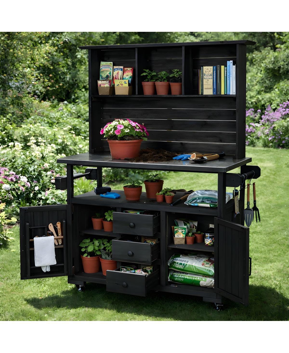 Streamdale Furniture 65"H Large Garden Potting Bench With Stainless Steel Top And Lockable Wheels