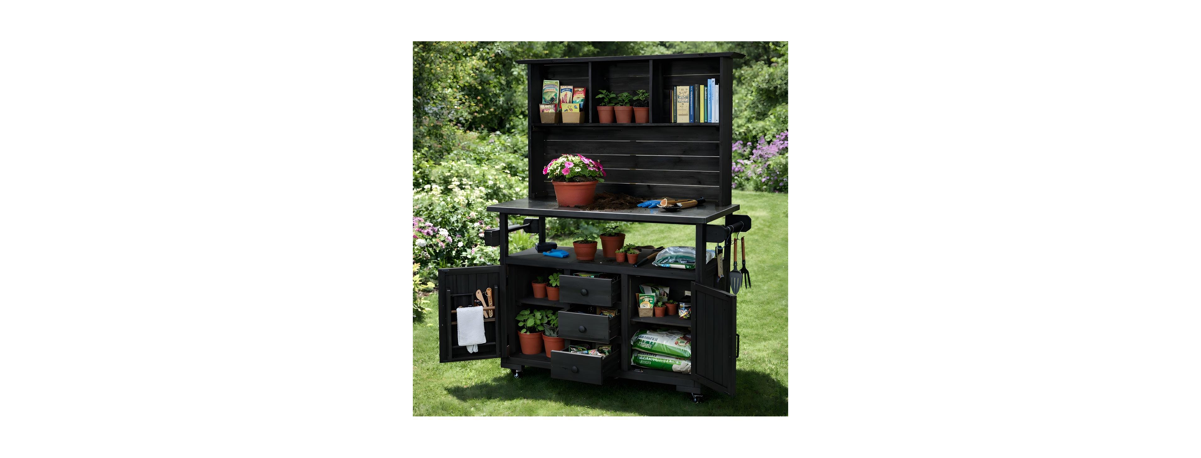 Streamdale Furniture 65"H Large Garden Potting Bench With Stainless Steel Top And Lockable Wheels