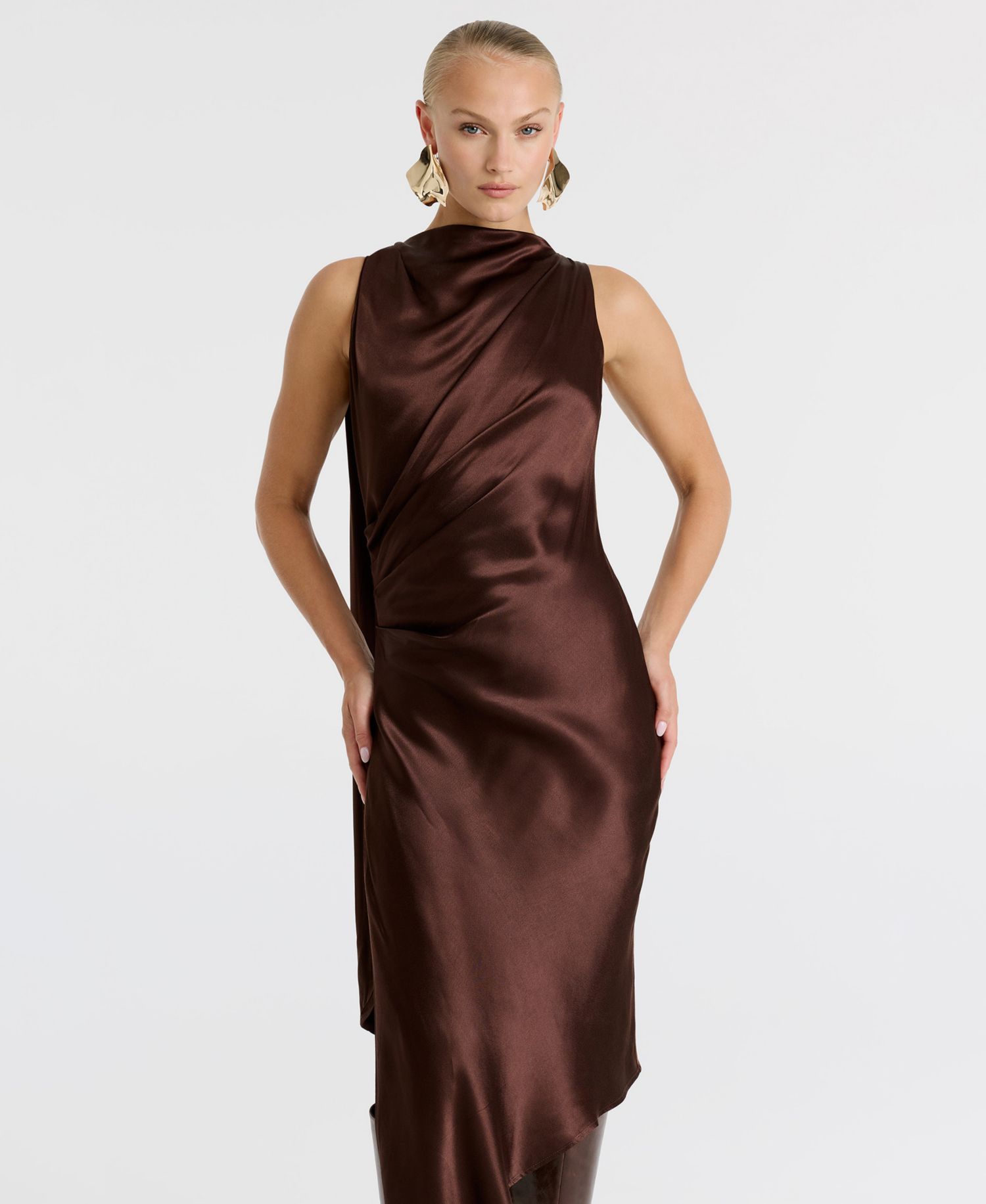 Women's Valentine High-Low Mock Neck Satin Midi Dress