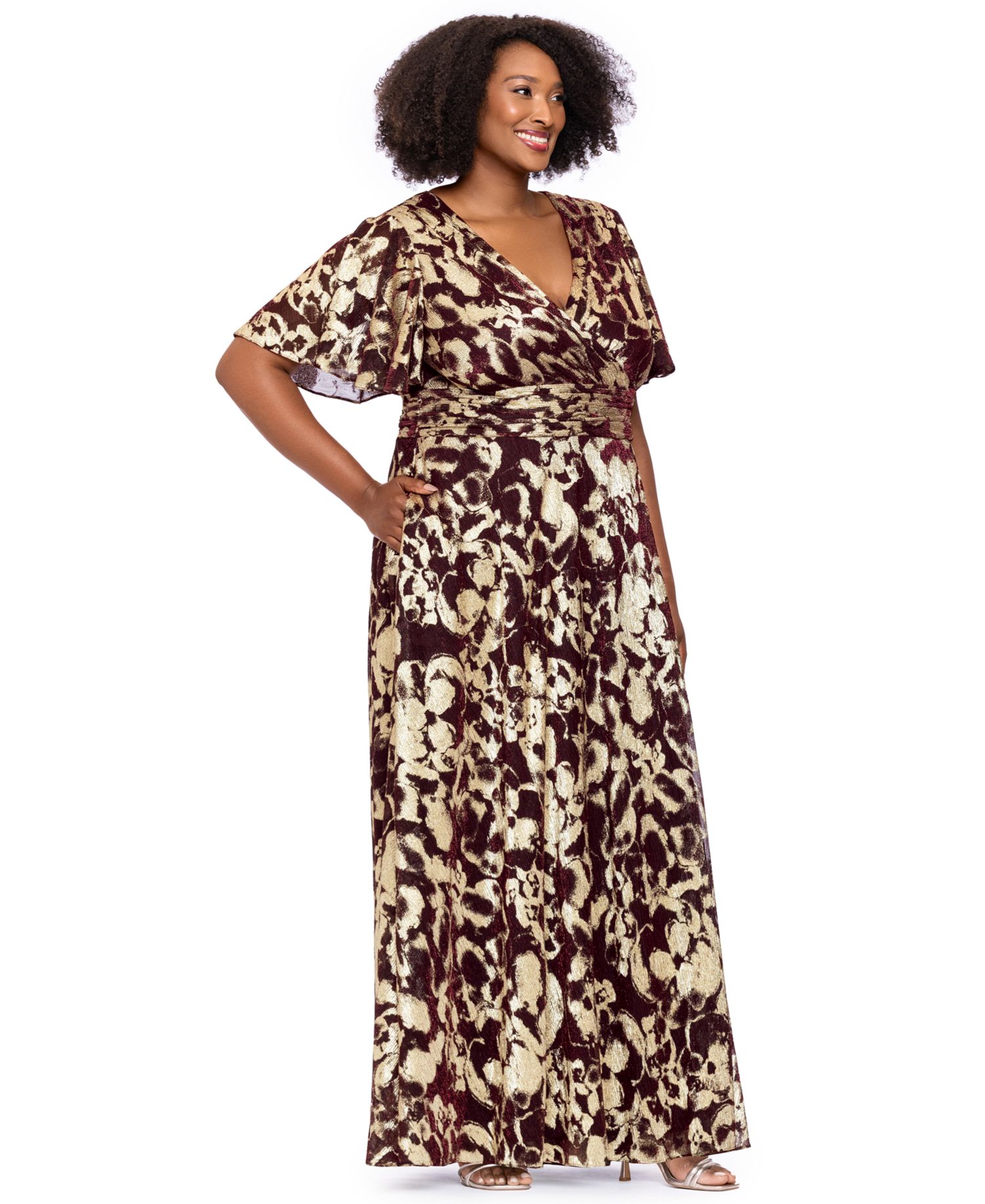 Plus Size Metallic Foil V-Neck Short-Sleeve Gown