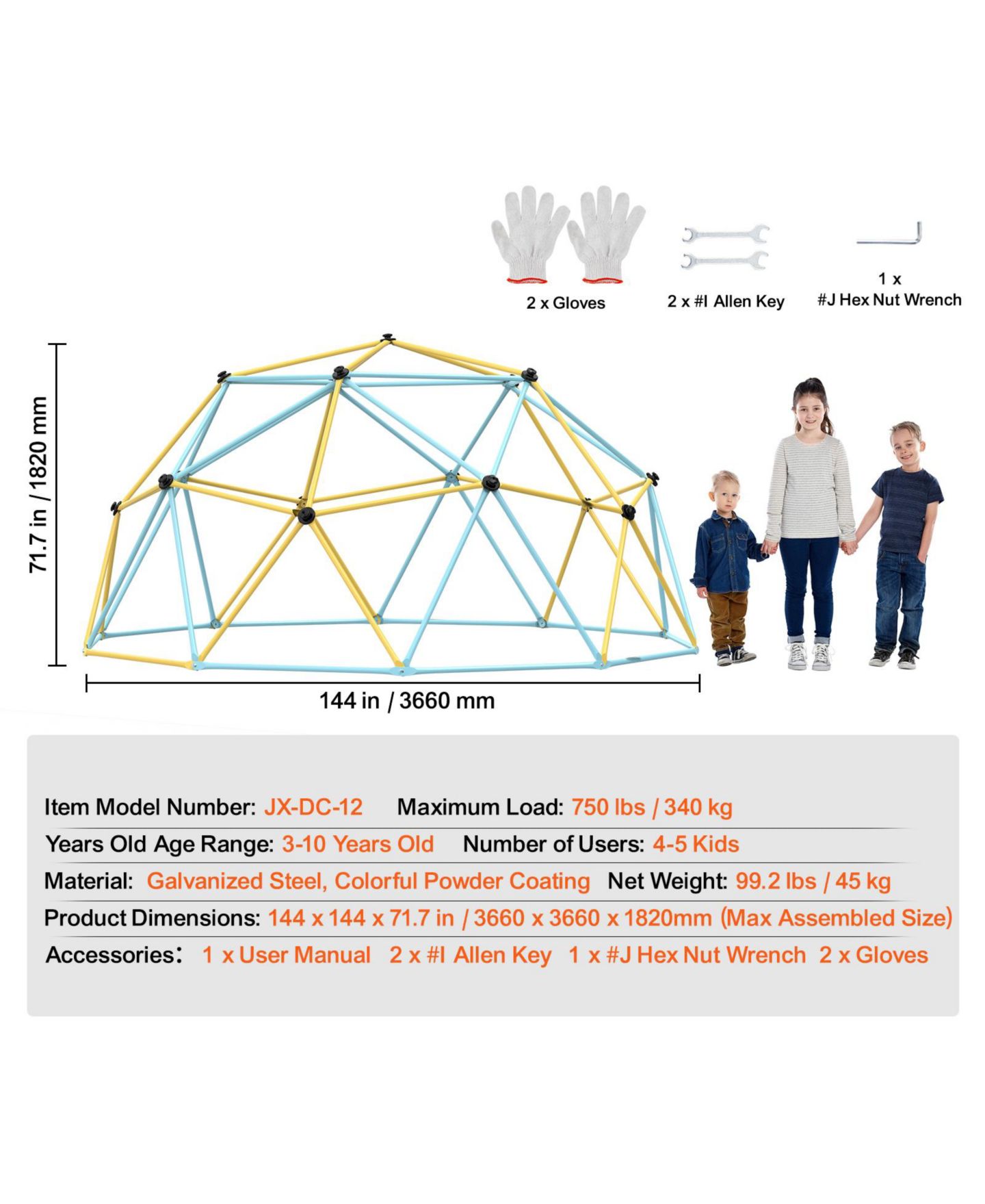 Детская игрушка VEVOR 12FT Geometric Dome Climber Galvanized Steel Climbing Dome, Ages 3-10 — фото 6