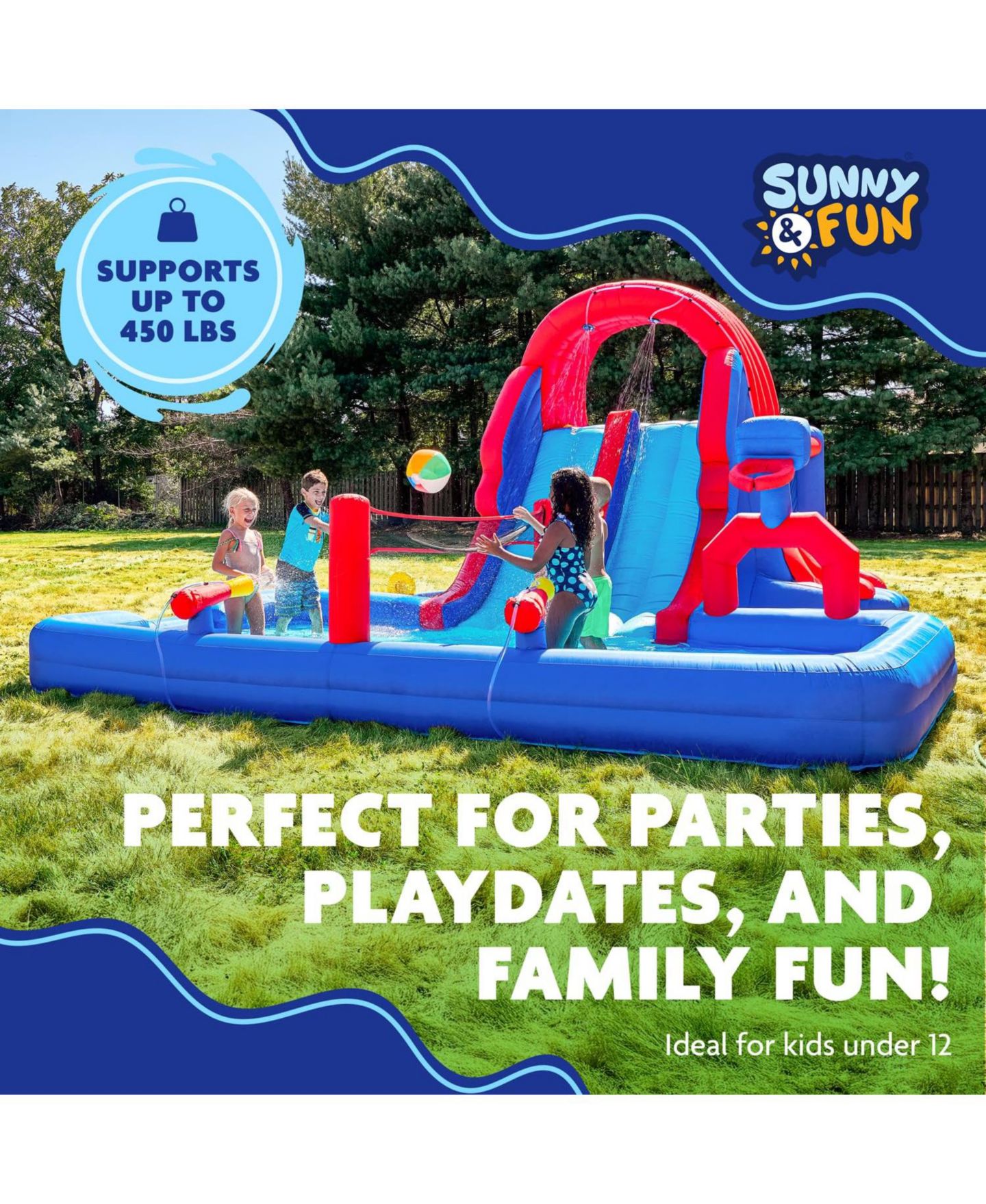 Детские игрушки Sunny & Fun Ultra All-Play Nylon Inflatable Bounce House with Dual Racing Slides, Approx. 276"L x 193.2"W x 108"H, Ages 3+, цвет: Синий — фото 4