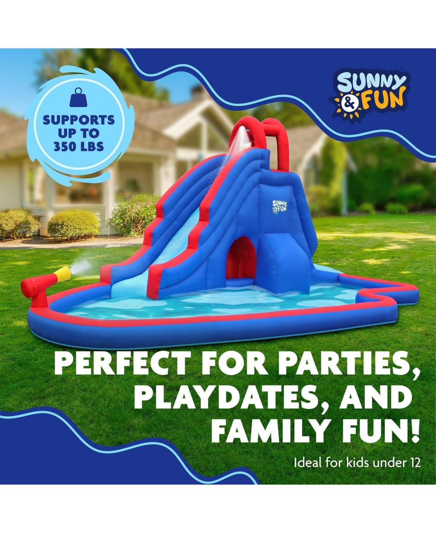 Детская игрушка Sunny & Fun Slide 'N Spray Nylon Inflatable Bounce Water Slide & Pool, For Up to 3 Children, Ages 3+, цвет: Синий — фото 5