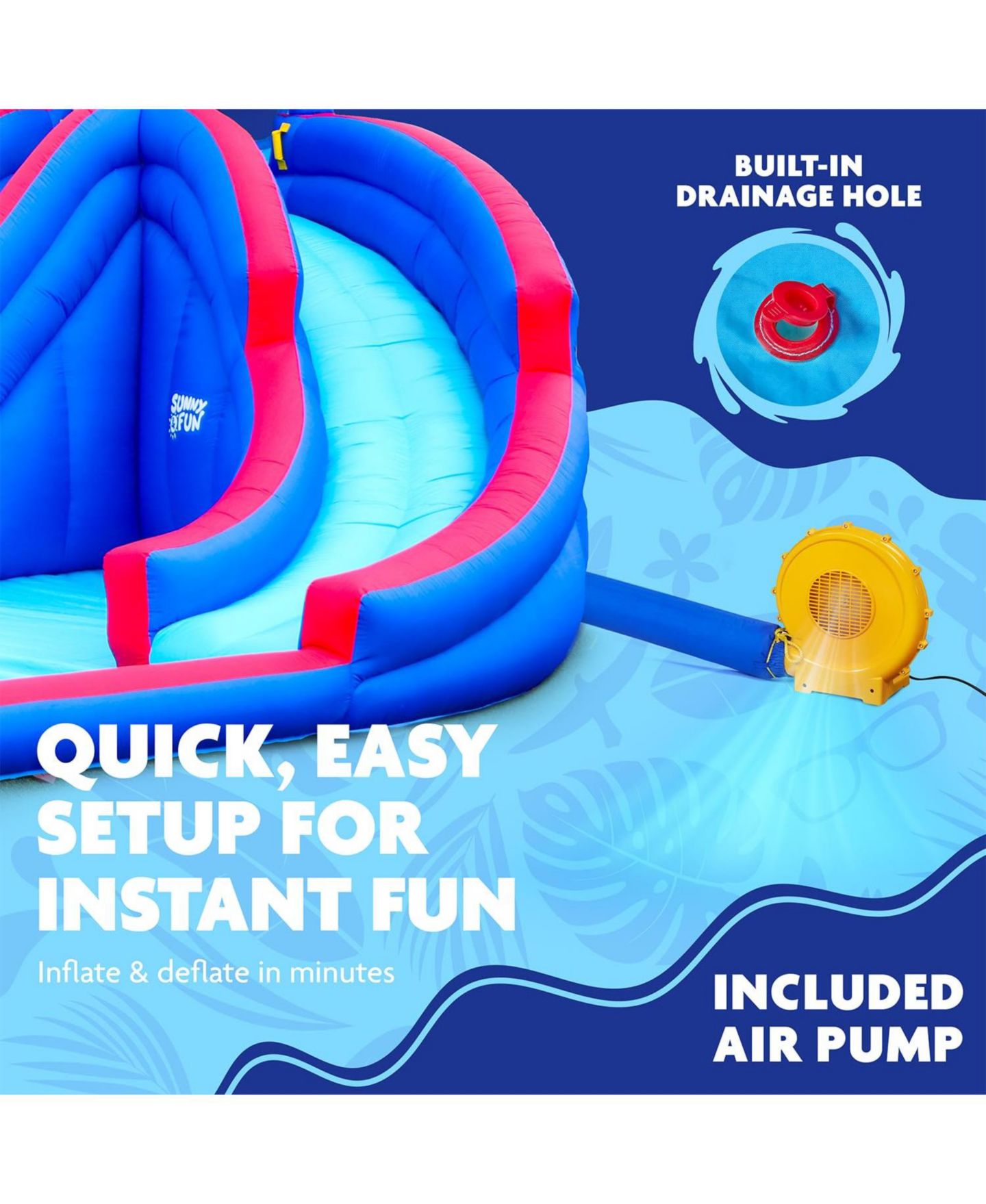 Детская игрушка Sunny & Fun Inflatable Water Slide & Pool, 18.1'L x 15.8'W x 10'H, Nylon, Plays Up to 3 Children, Ages 3-10, цвет: Синий — фото 7