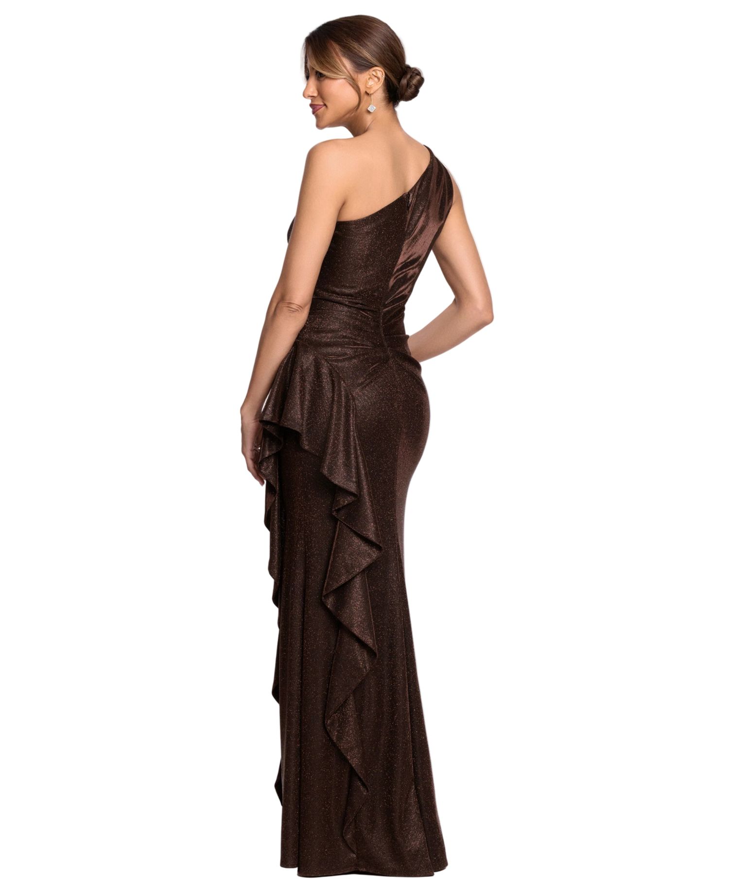 Petite Glitter Galaxy One-Shoulder Ruched Gown