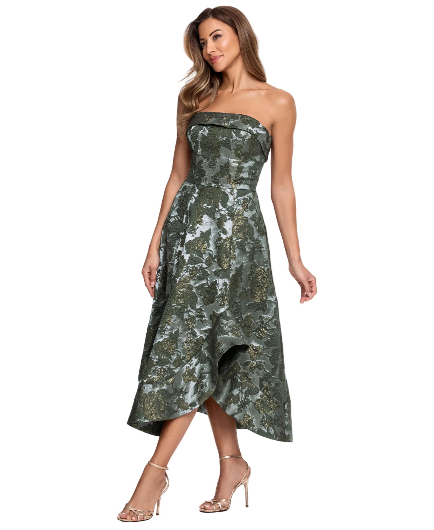 Petite Strapless Brocade Asymmetrical Hem Midi Dress