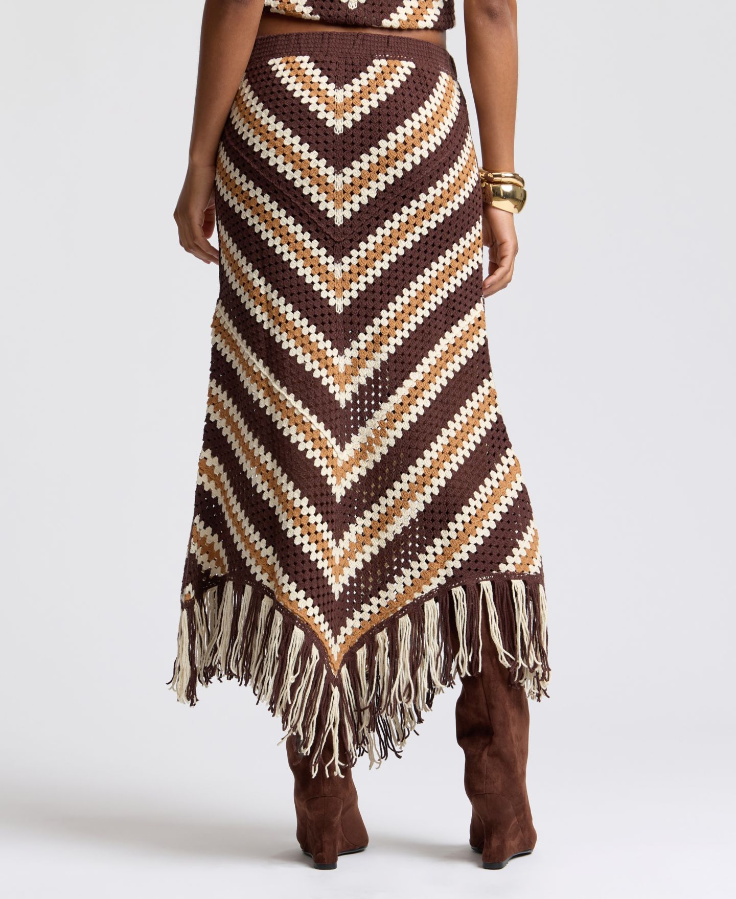 Женская юбка Avec Les Filles Striped-Crochet Midi Skirt with Fringe, цвет: Коричневый — фото 6