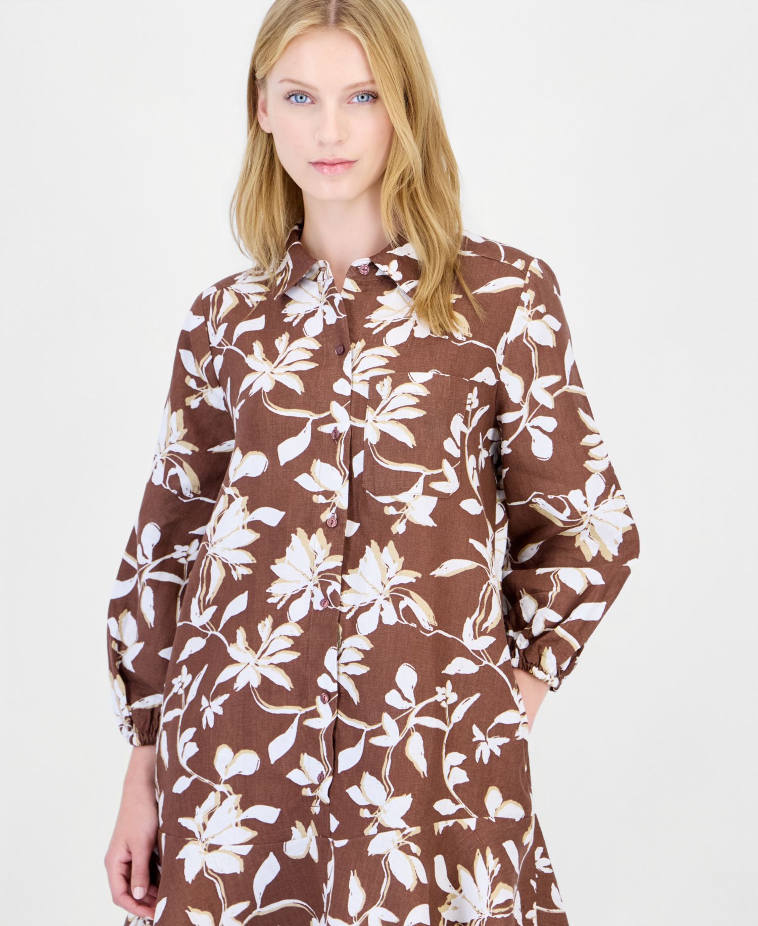 Plus Size 100% Linen Collared Flounce Dress