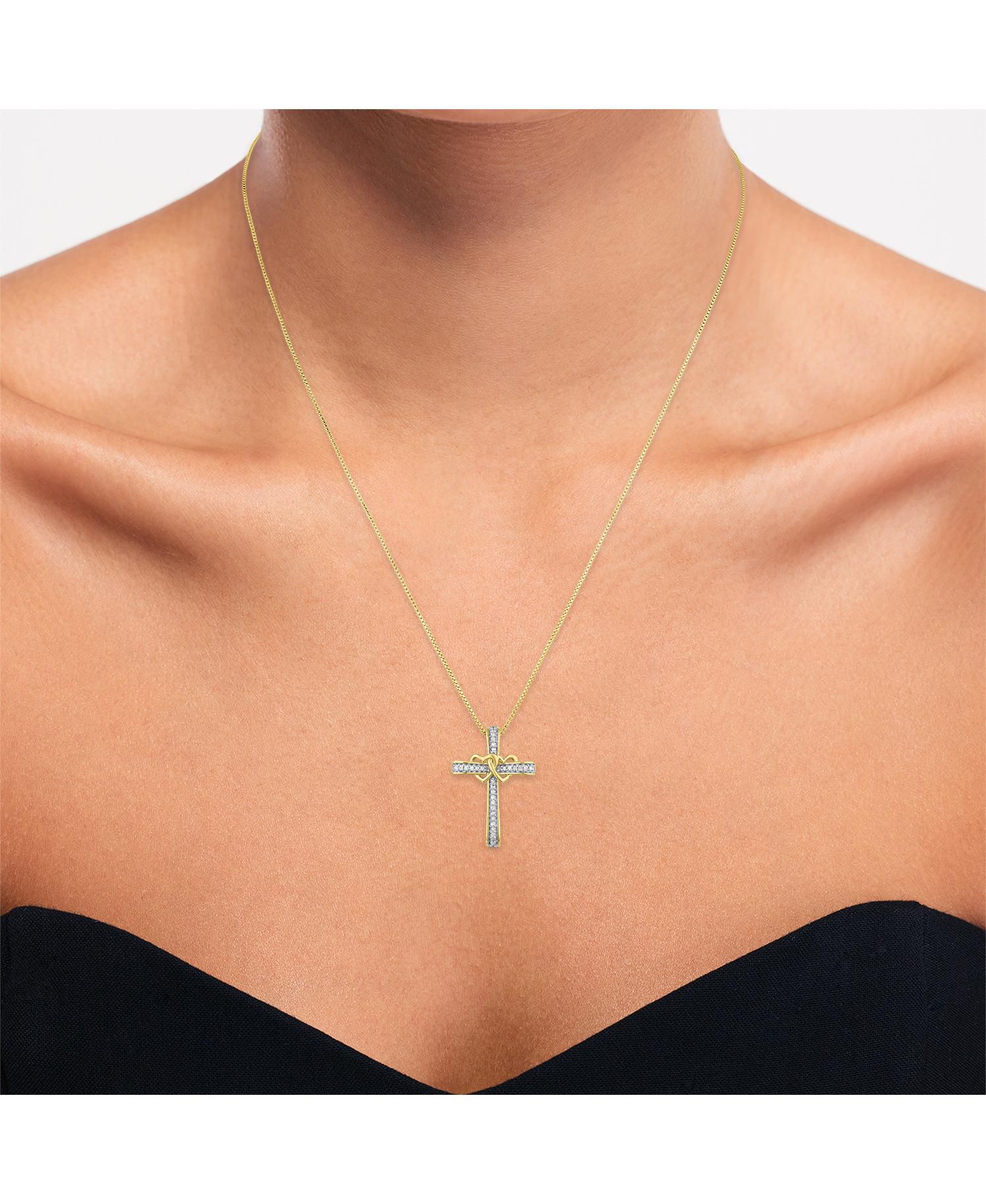 Diamond Double Heart Cross Pendant Necklace (1/10 ct. t.w.) in 14k Gold-Plated Sterling Silver