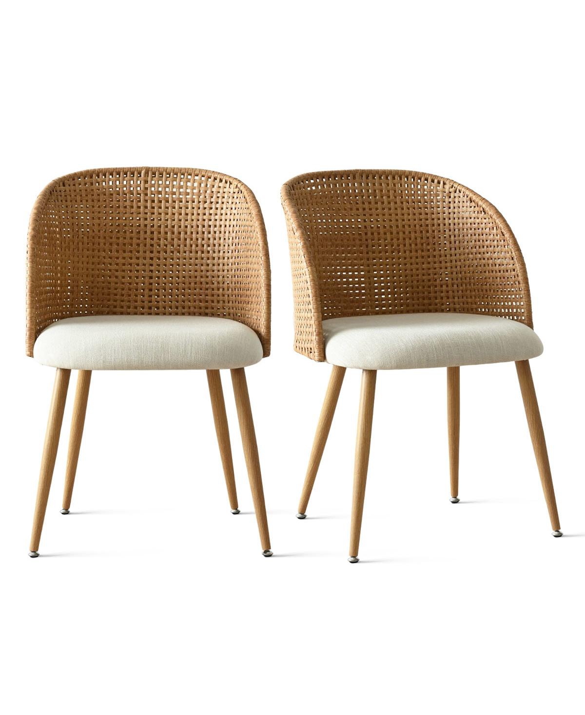 Maison Boucle Set of 2 Rattan Back Dining Chairs, Woven Cane Accent Chairs with Upholstered Seat for Kitchen