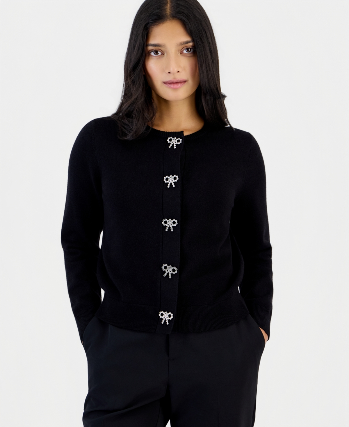 Anne Klein Essentials Petite Embellished Crewneck Cardigan