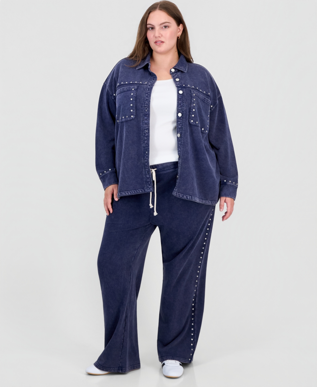 And Now This Trendy Plus Size French Terry Lounge Wide-Leg Pants, Macy's Exclusive - Indigo Batik