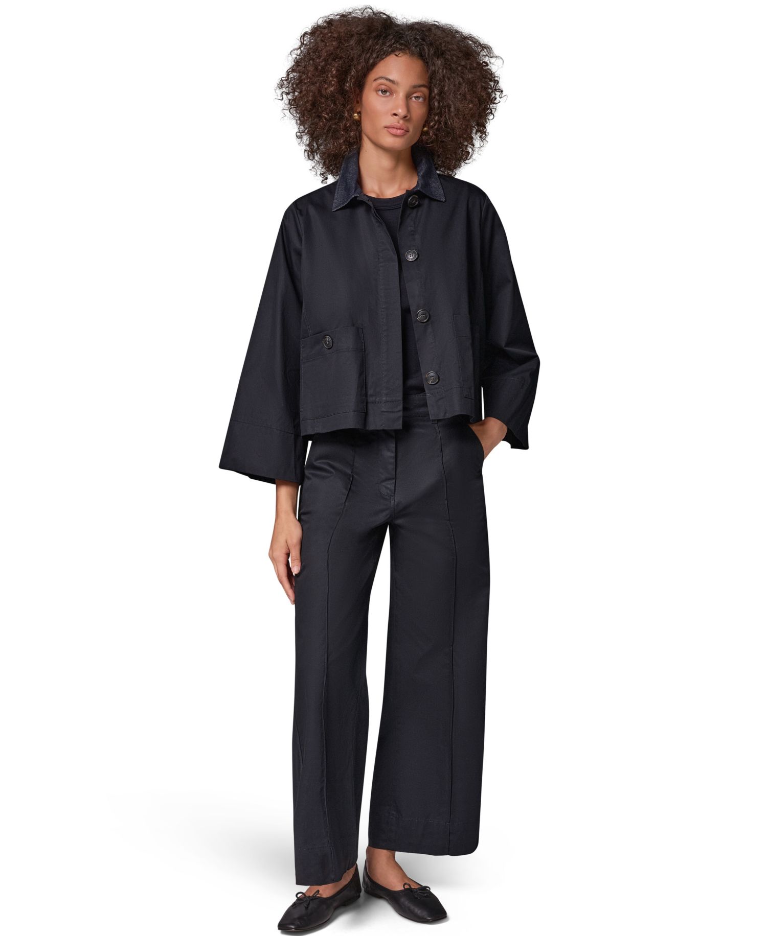 Women's Bell-Sleeve Trapeze Jacket with Denim Collar