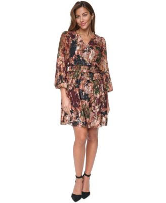 Women's V-Neck Balloon Sleeve Fit & Flare Dress