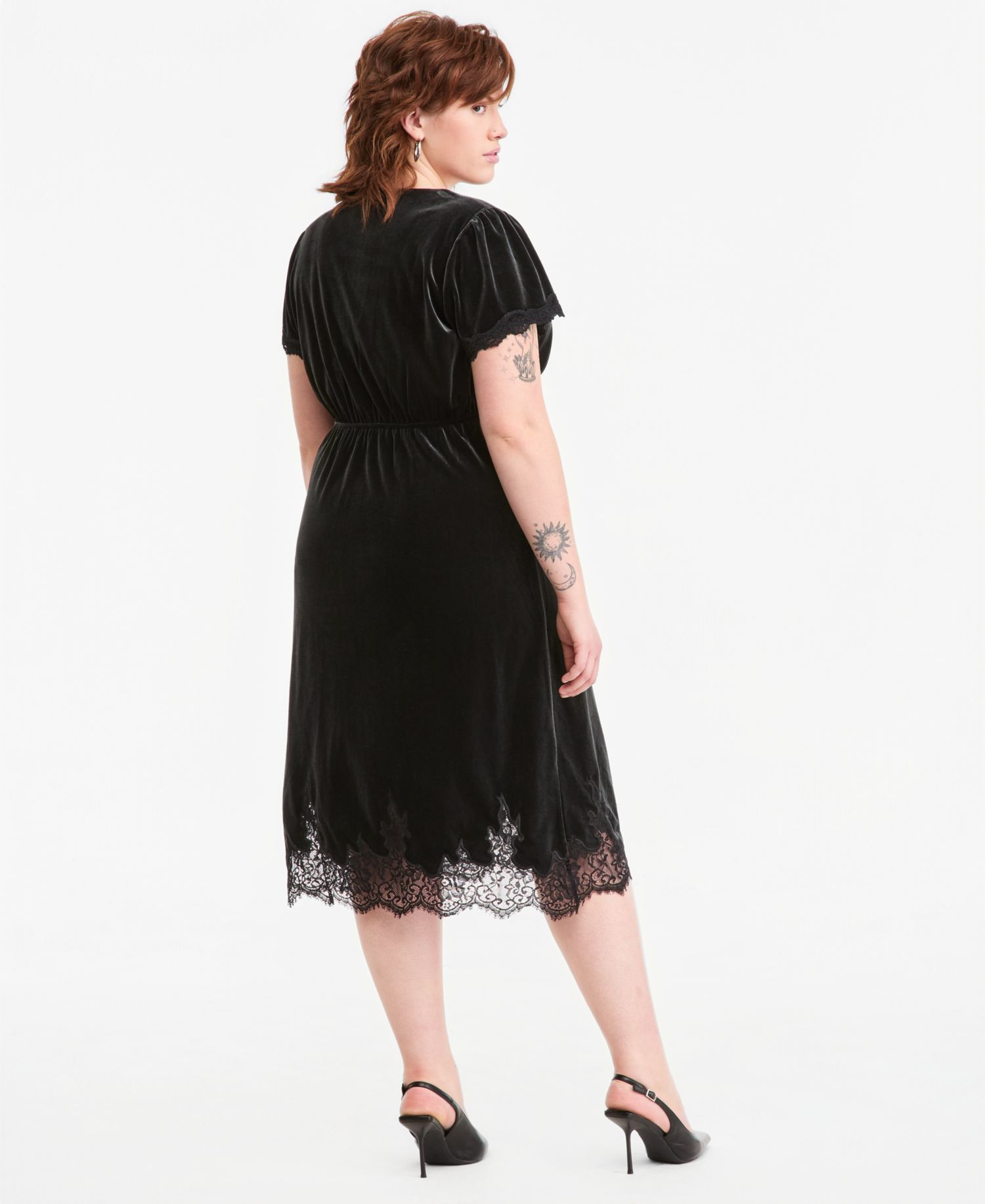 Plus Size V-Neck Short-Sleeve Lace-Trim Midi Slip Dress