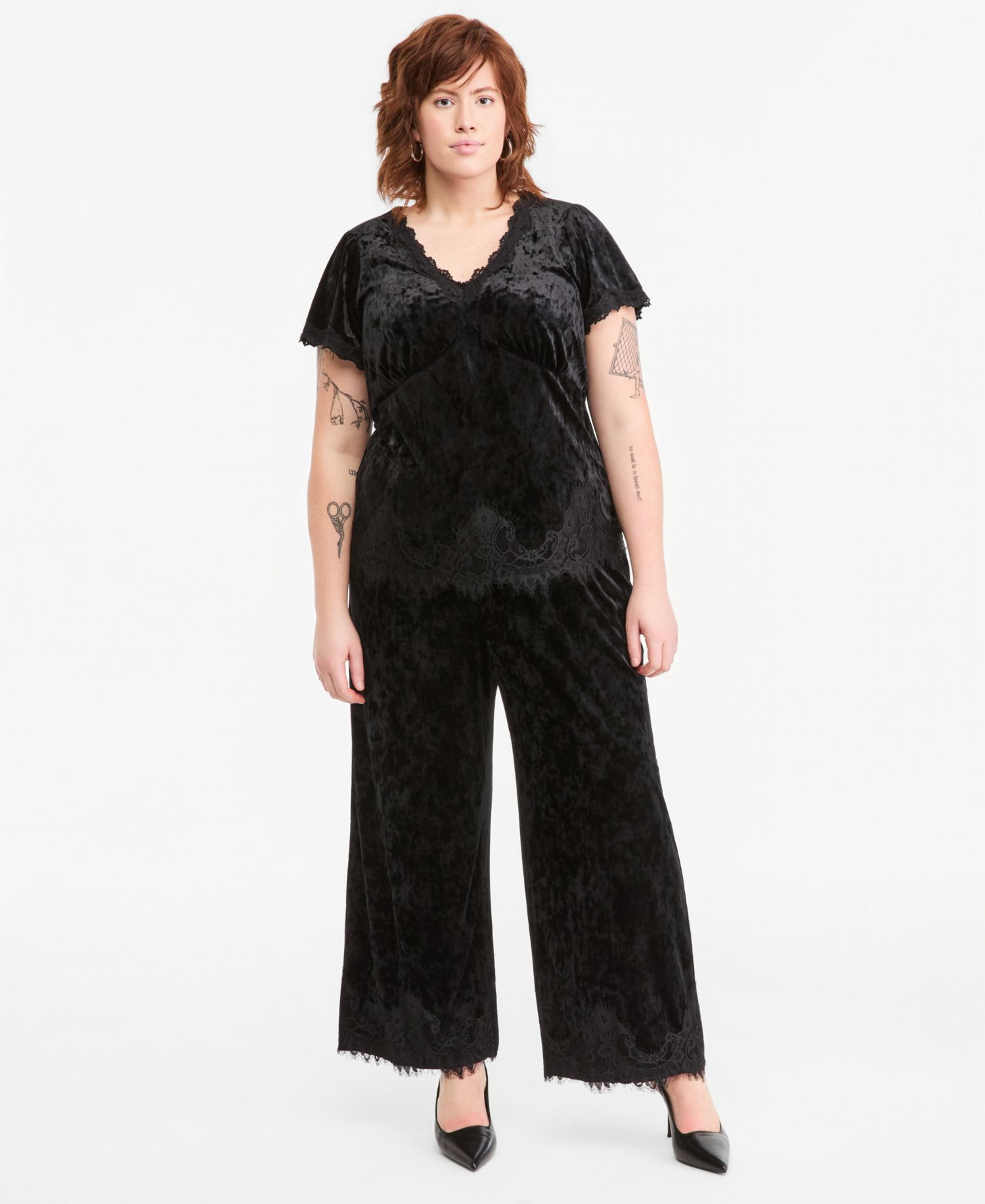 Plus Size Velvet Lace-Trim V-Neck Blouse