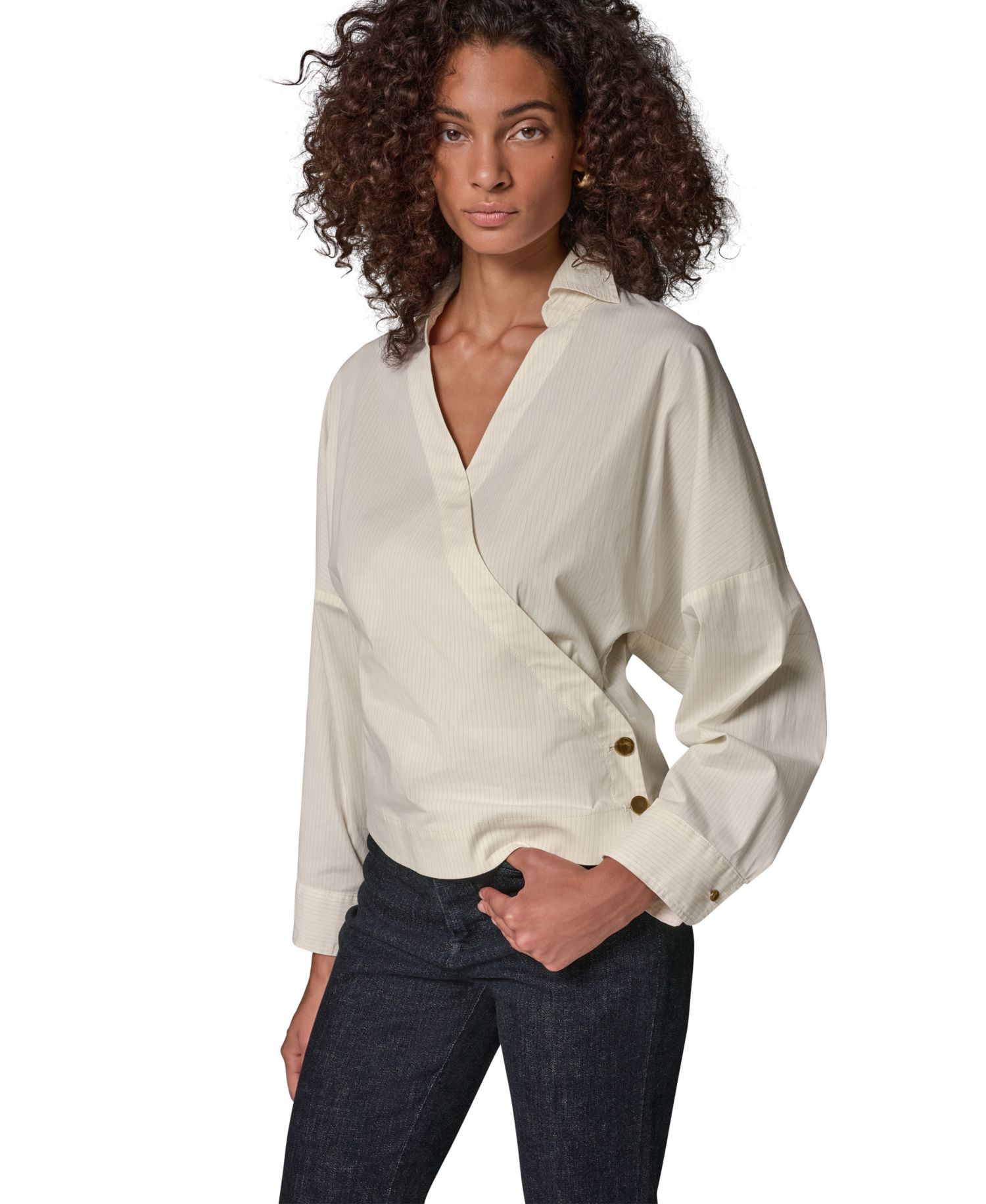 Women's Pinstripe Long-Sleeve Collared V-Neck Blouse