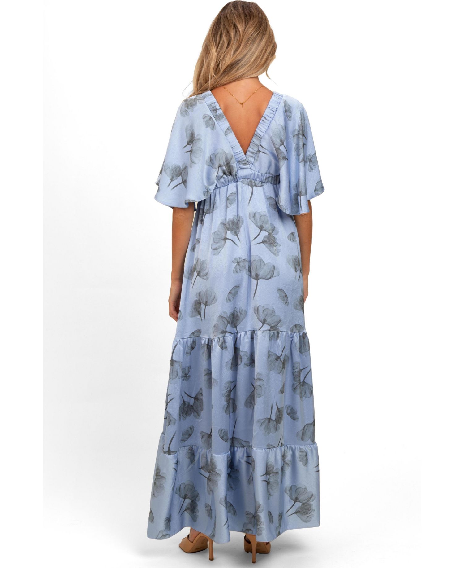 Maternity Floral Satin Deep V-Neck Maxi Dress
