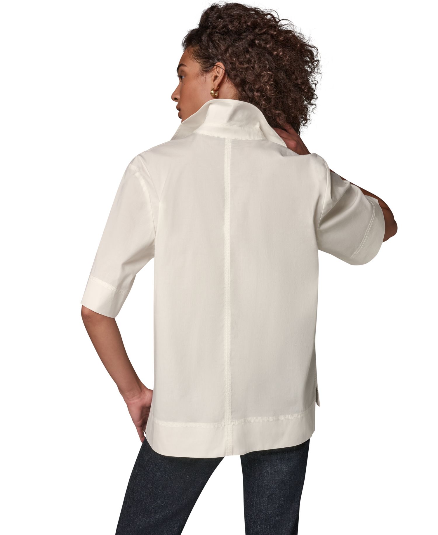 Women's Poplin Short-Sleeve V-Neck Collared Blouse